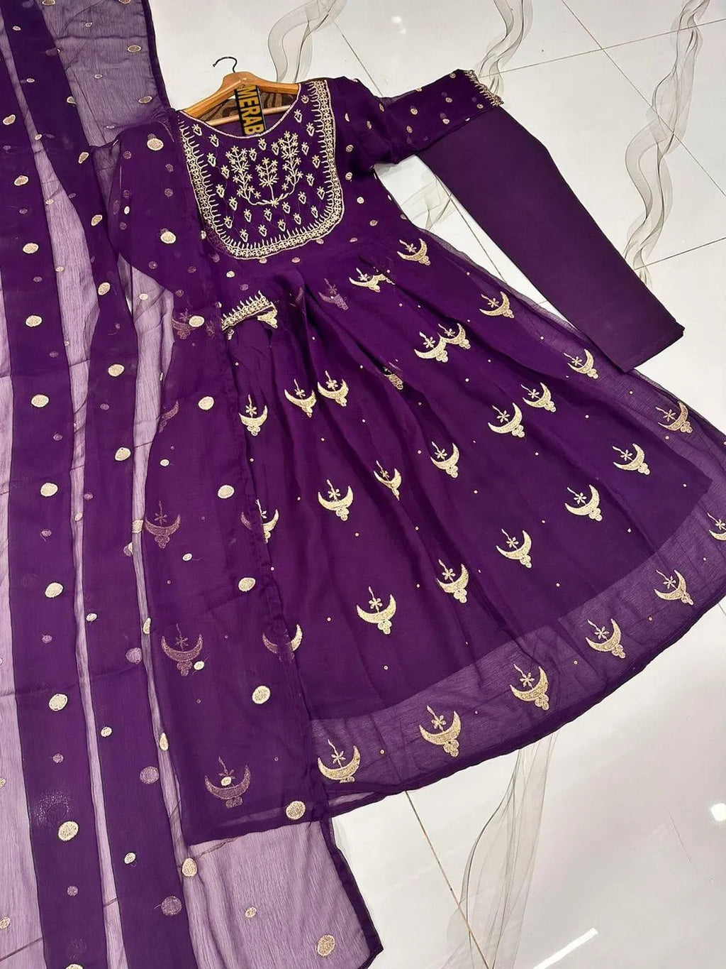 Purple Chiffon Handwork Maxi Suit 3Pcs Set