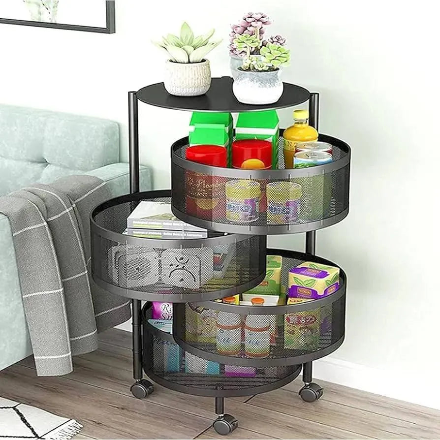 4-Layer Iron Fruit Basket Rolling Base Modern Kitchen Storage