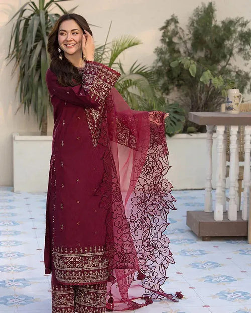 Maroon Embroidered 3PC Lawn Suit for Women