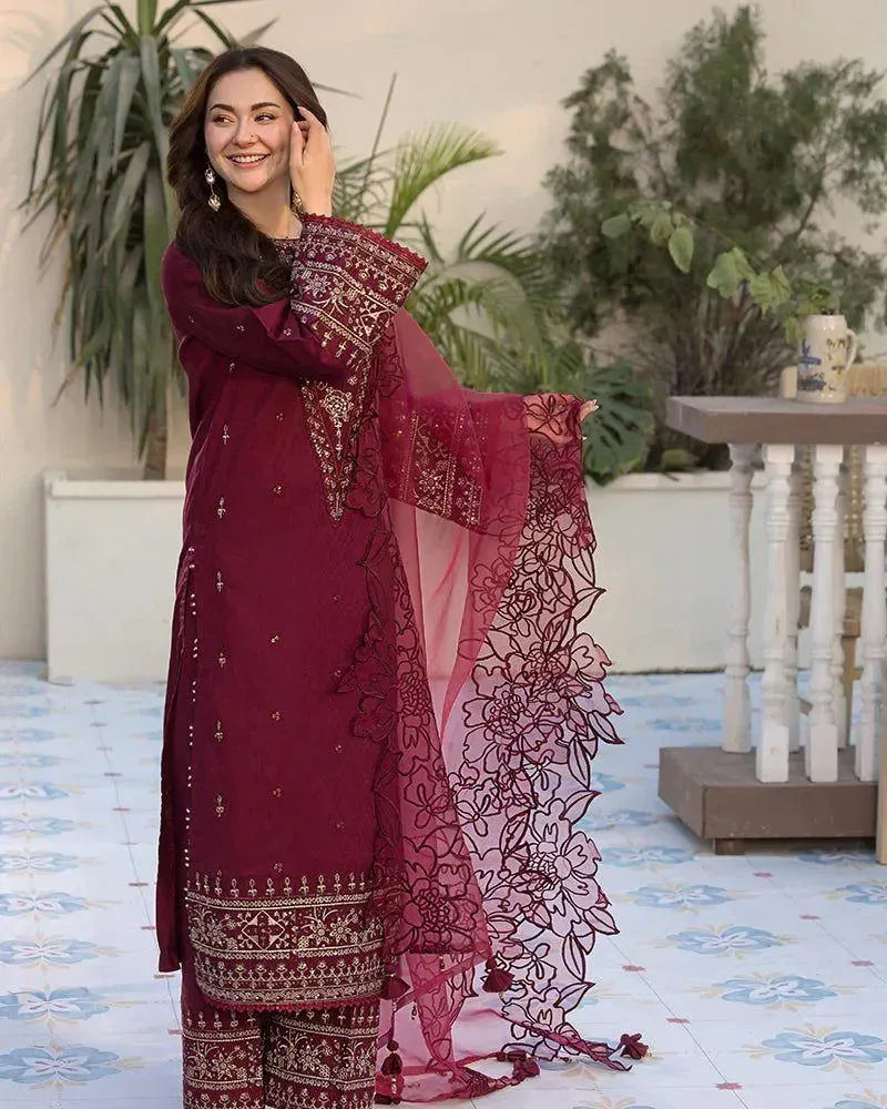 Maroon Embroidered 3PC Lawn Suit for Women