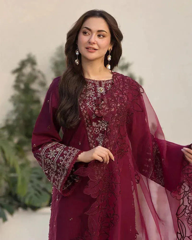 Maroon Embroidered 3PC Lawn Suit for Women
