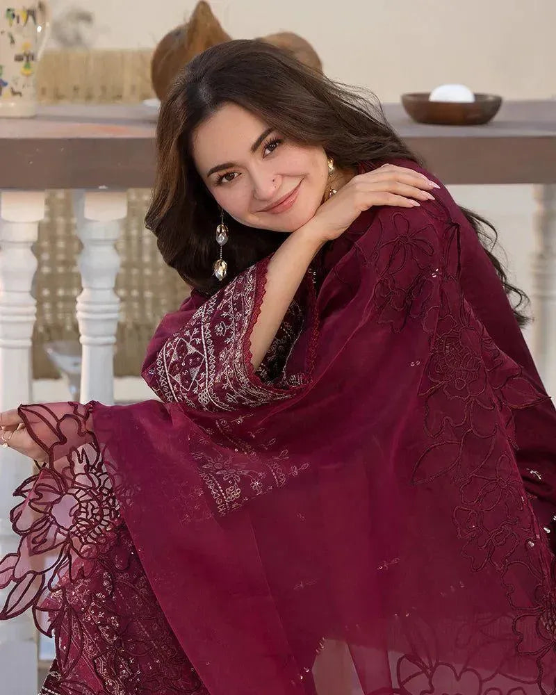 Maroon Embroidered 3PC Lawn Suit for Women