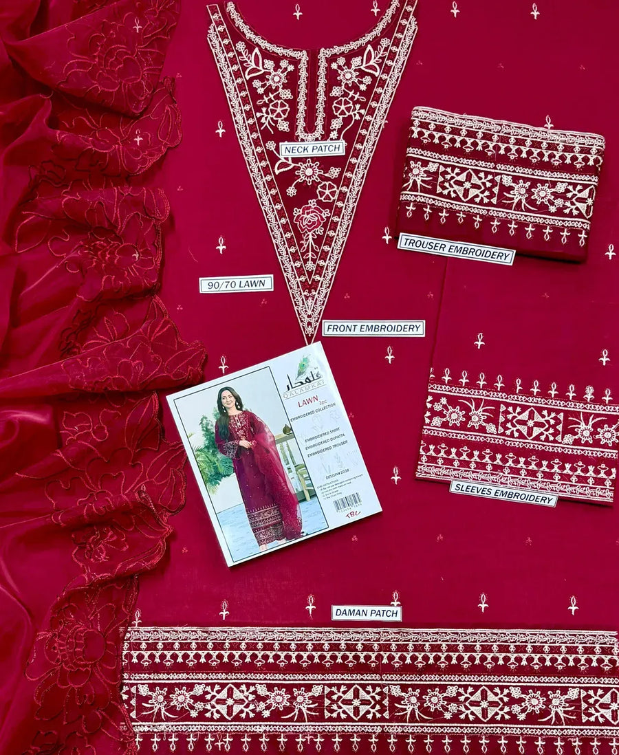 Maroon Embroidered 3PC Lawn Suit for Women