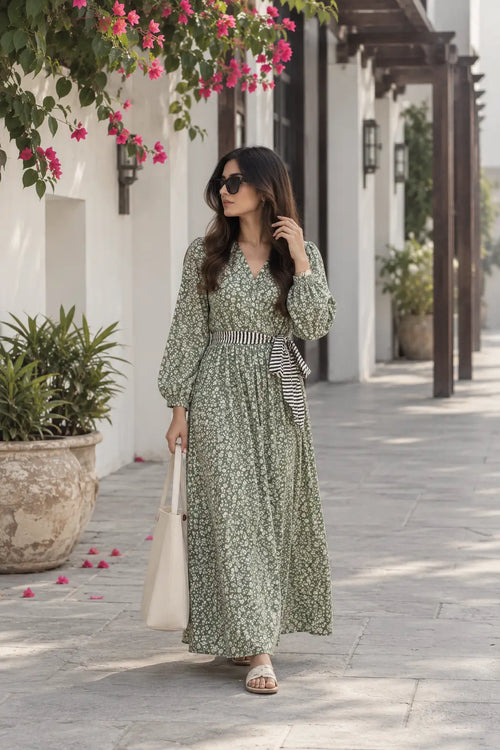 Green Floral Linen Maxi Dress Winter Wear