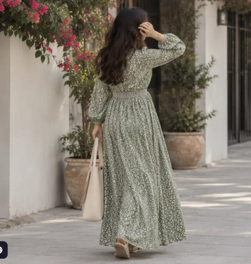 Green Floral Linen Maxi Dress Winter Wear