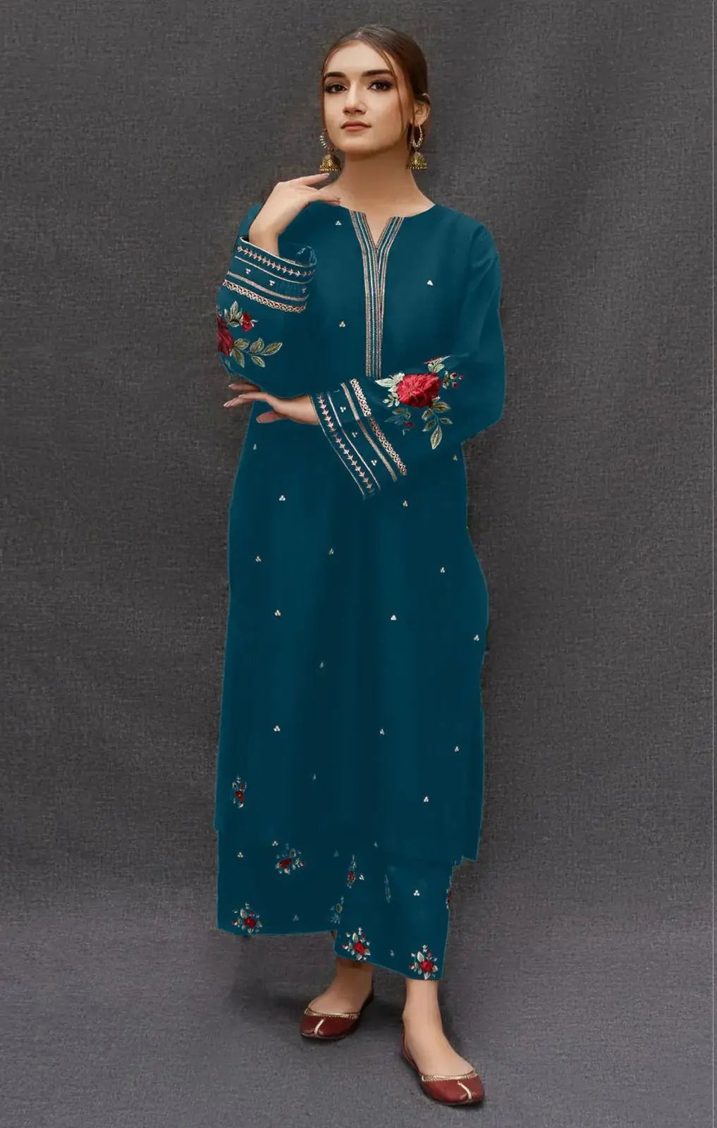 2 Pcs Women's Unstitched Embroidered Suit - Turquoise