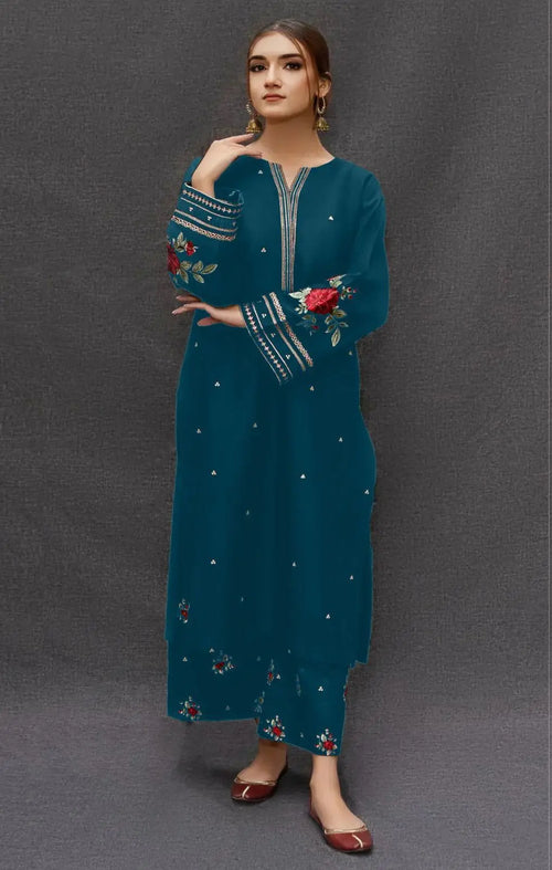 2 Pcs Women's Unstitched Embroidered Suit - Turquoise