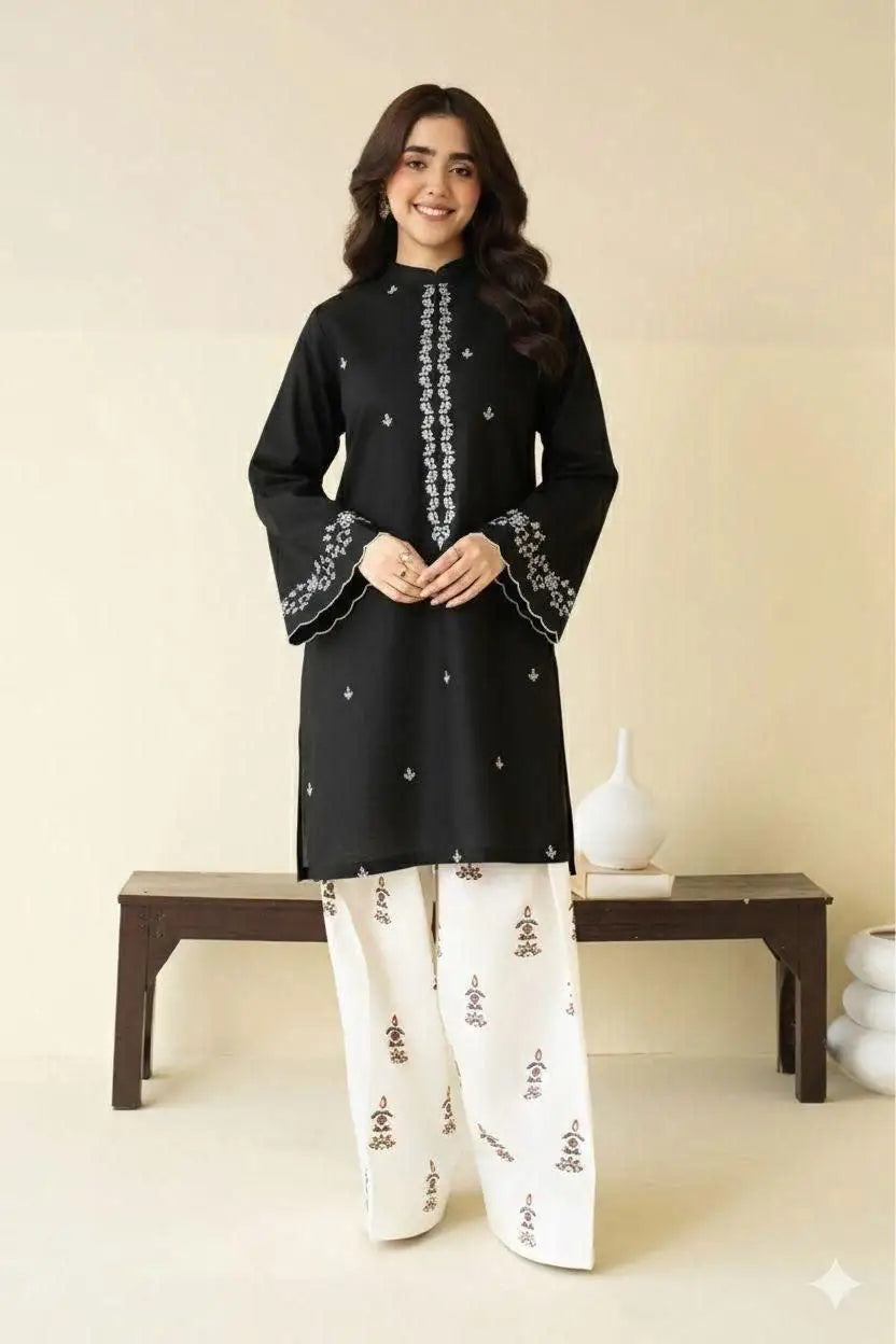 2 Pcs Women's Unstitched Embroidered Suit - Black