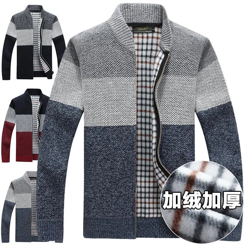 Men's Corduroy Cardigan Wine Red Collar Warm Layer