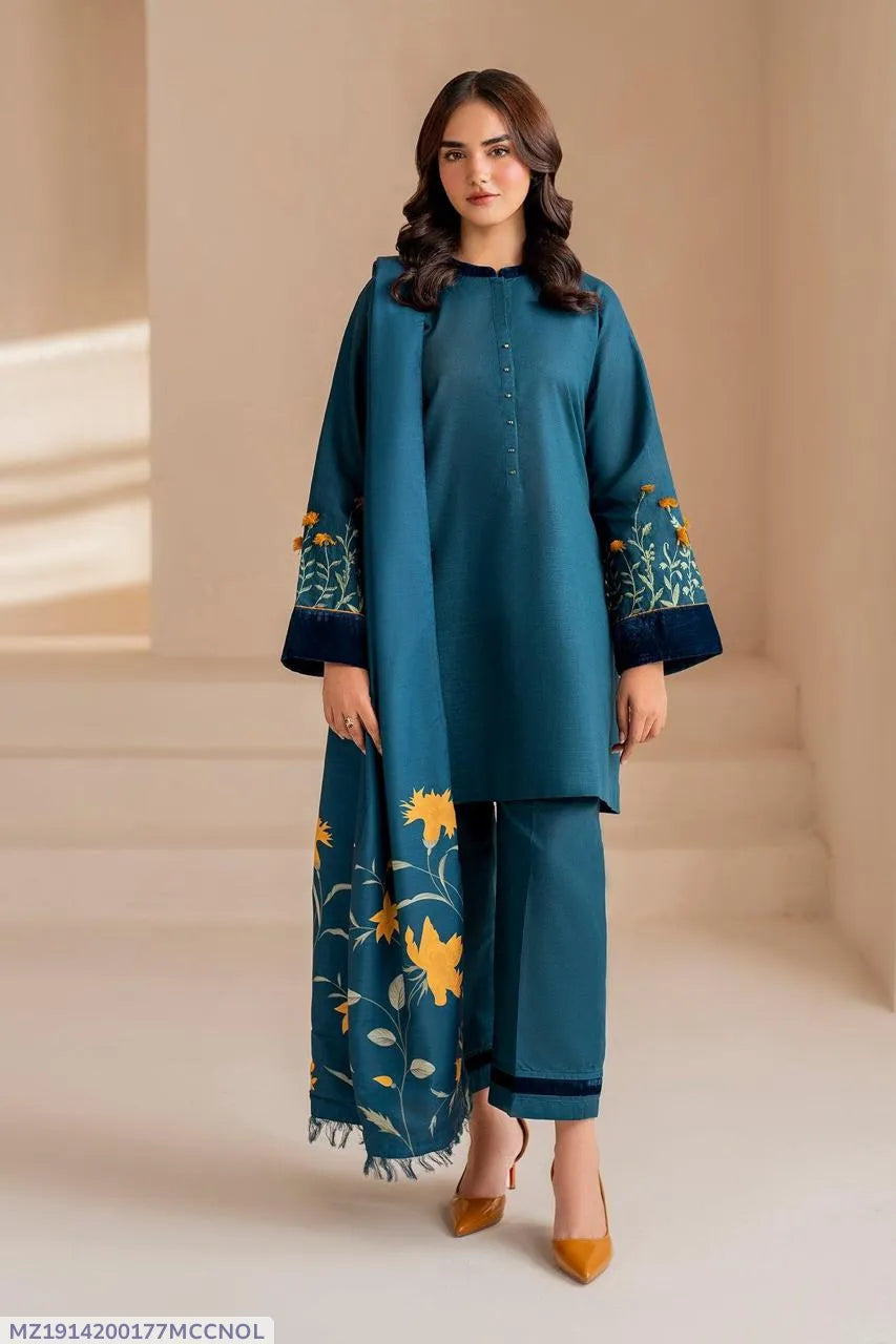 MIX TRENDING DESIGNS 3 Pcs Unstitched Embroidered Suit - Blue
