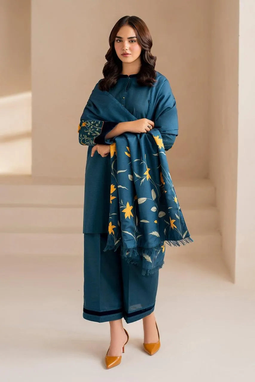 MIX TRENDING DESIGNS 3 Pcs Unstitched Embroidered Suit - Blue