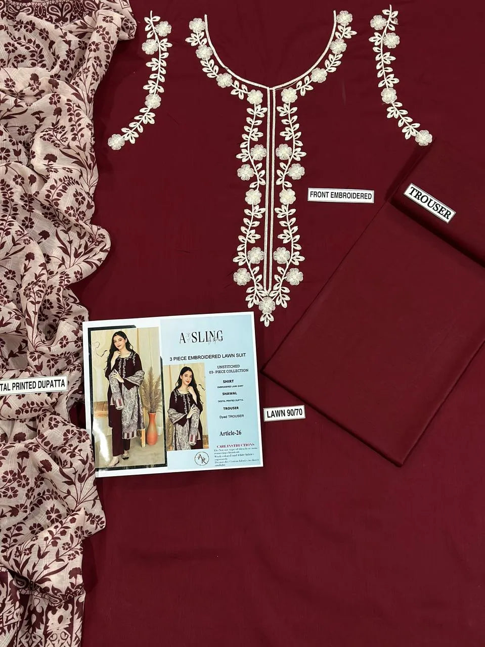 MIX TRENDING DESIGNS 3 Pcs Unstitched Embroidered Suit - Maroon