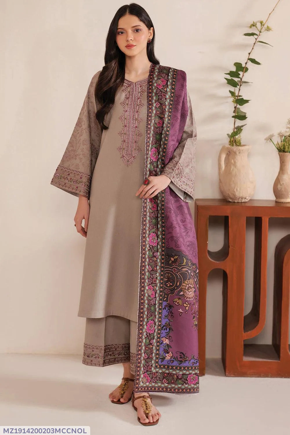 MIX TRENDING DESIGNS 3 Pcs Unstitched Embroidered Suit - Beige