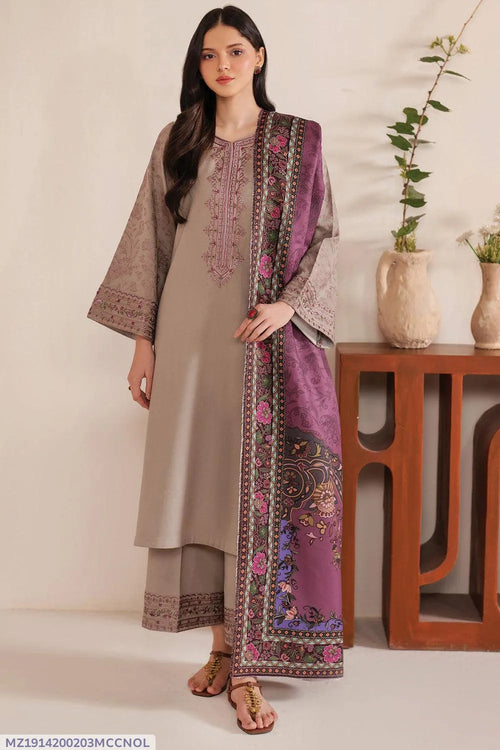 MIX TRENDING DESIGNS 3 Pcs Unstitched Embroidered Suit - Beige