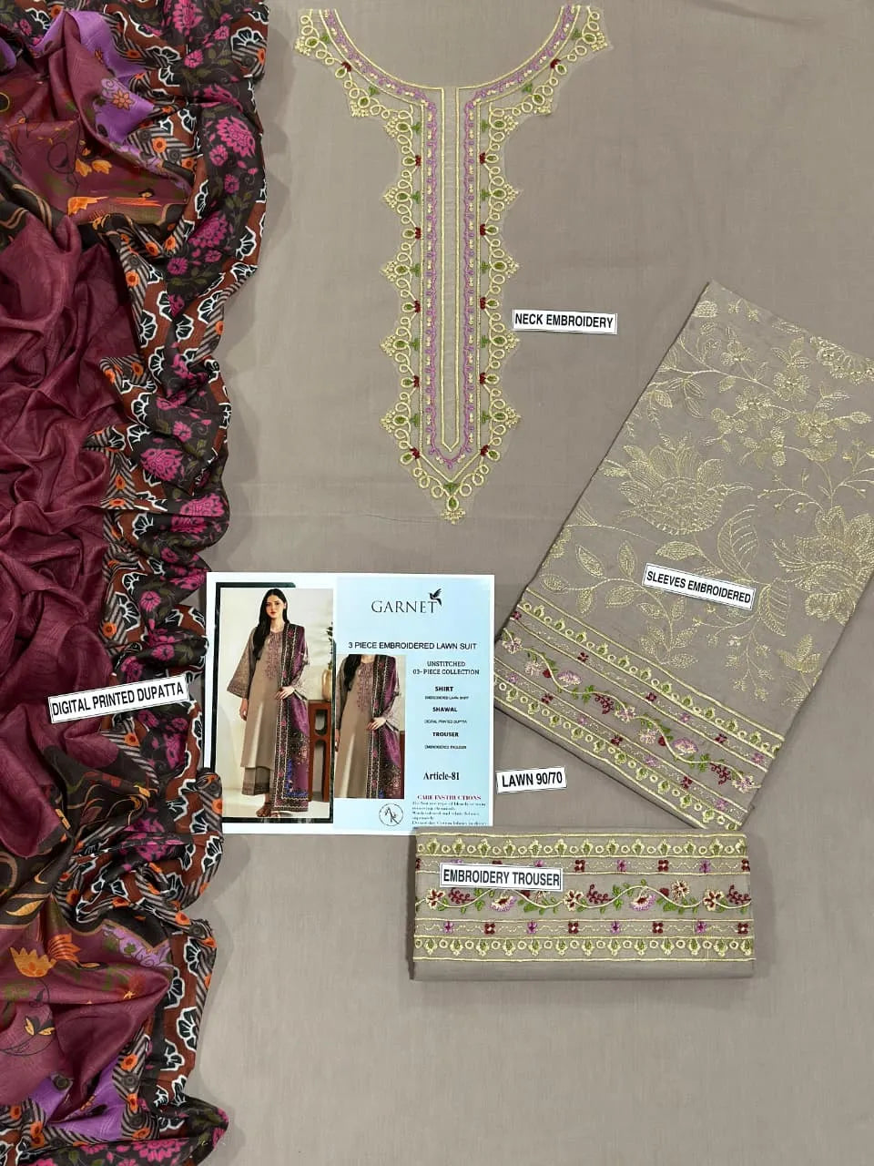 MIX TRENDING DESIGNS 3 Pcs Unstitched Embroidered Suit - Beige