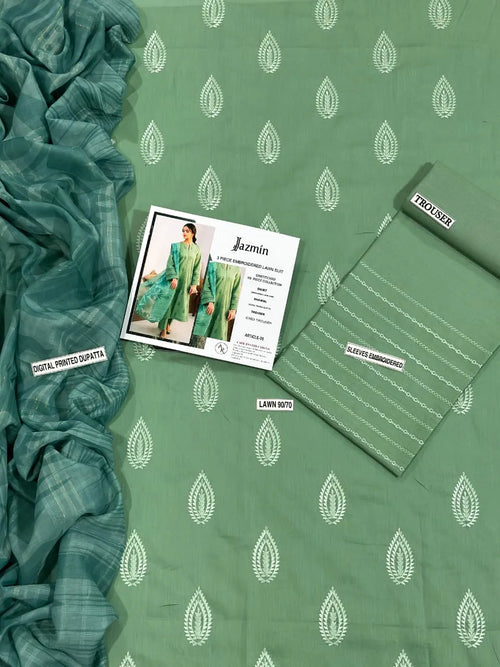 MIX TRENDING DESIGNS 3 Pcs Unstitched Embroidered Suit - Green
