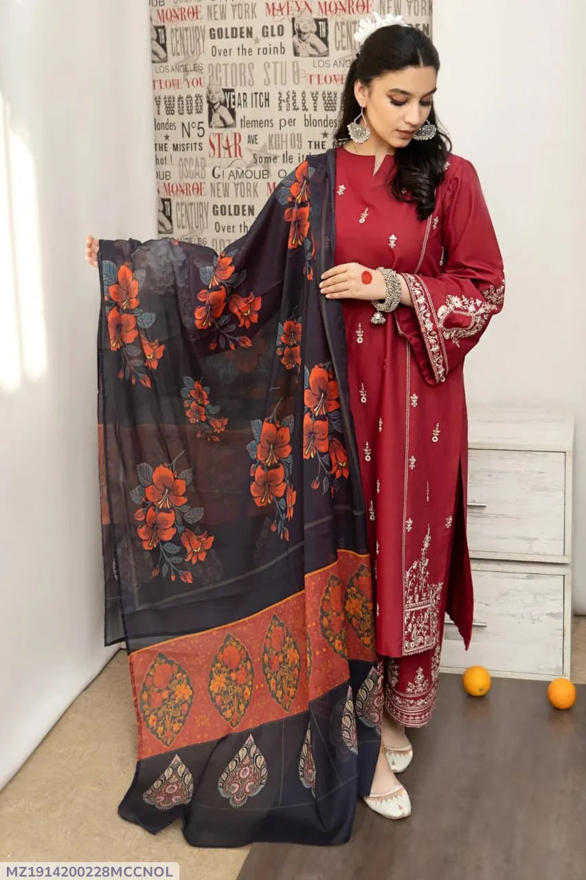 MIX TRENDING DESIGNS 3 Pcs Unstitched Embroidered Suit - Red