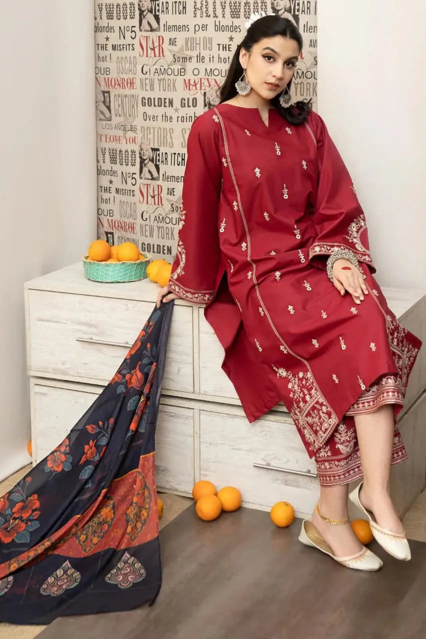 MIX TRENDING DESIGNS 3 Pcs Unstitched Embroidered Suit - Red