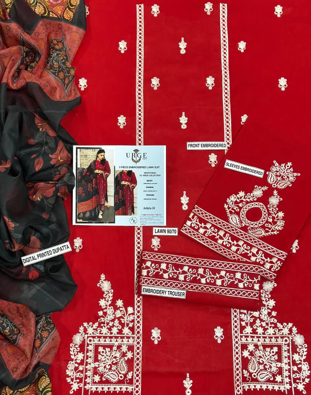 MIX TRENDING DESIGNS 3 Pcs Unstitched Embroidered Suit - Red