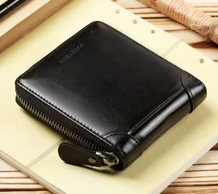 Men's Slim Brown PU Leather Wallet with Zipper Closure
