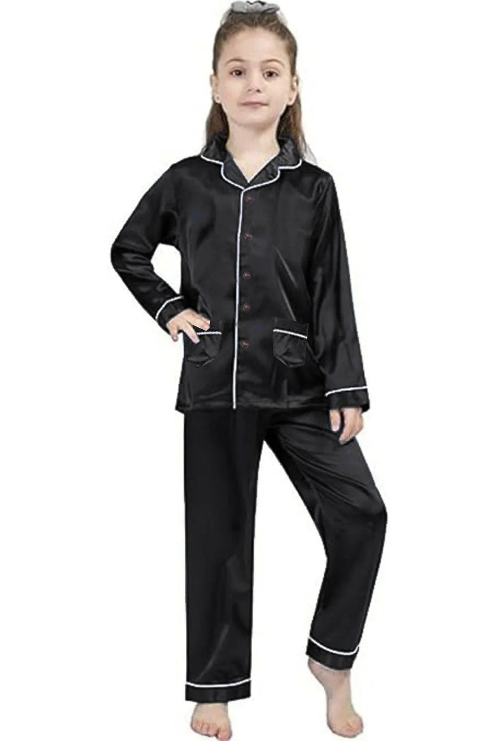 Black Silk 2-Piece Night Suit for Girls 1-12 Years