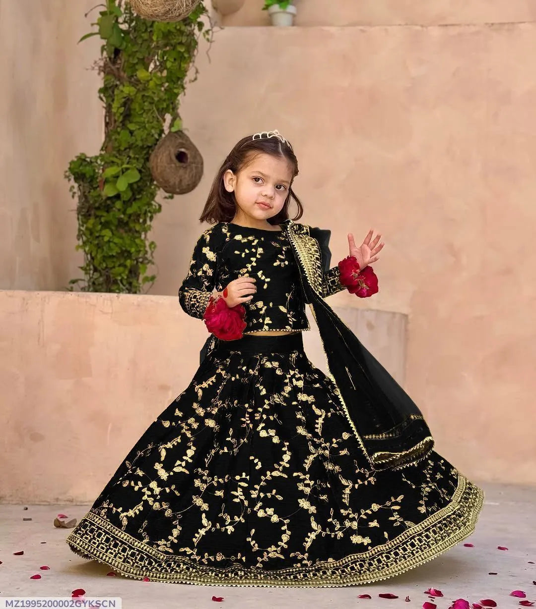 Black Gold Embroidered 3-Piece Kids Khussa Set