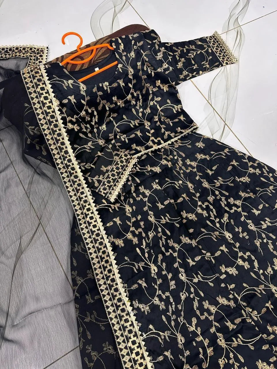Black Gold Embroidered 3-Piece Kids Khussa Set
