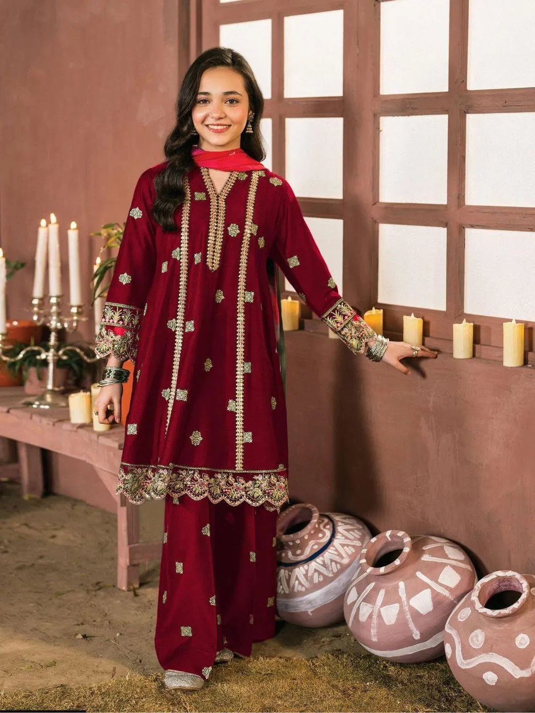 Maroon Embroidered Girl's Frock & Trouser Set for Ages 6-12