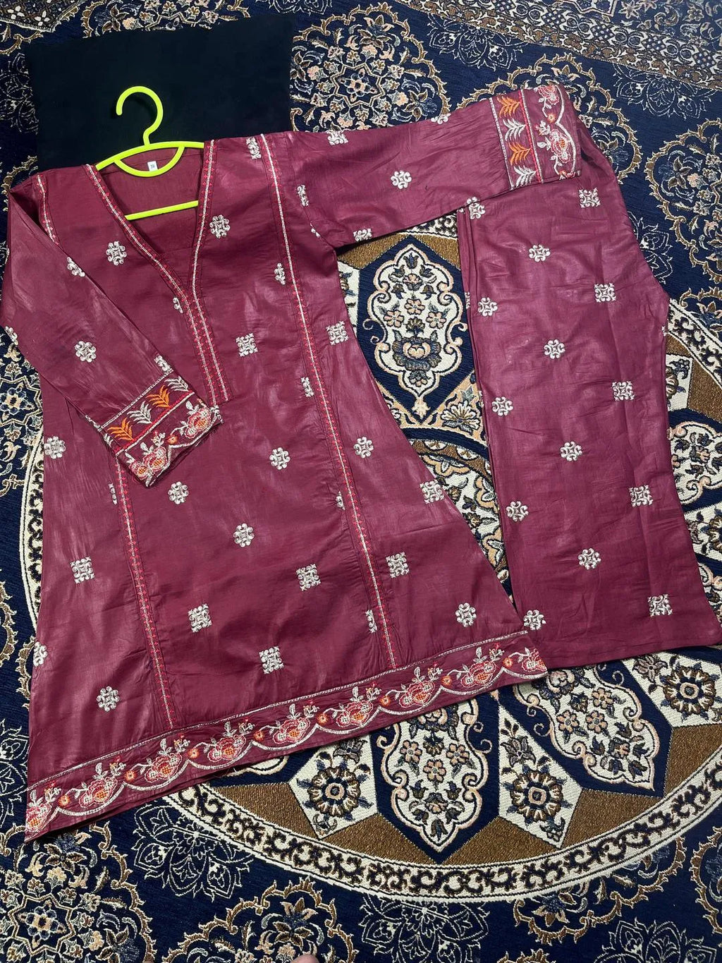 Maroon Embroidered Girl's Frock & Trouser Set for Ages 6-12