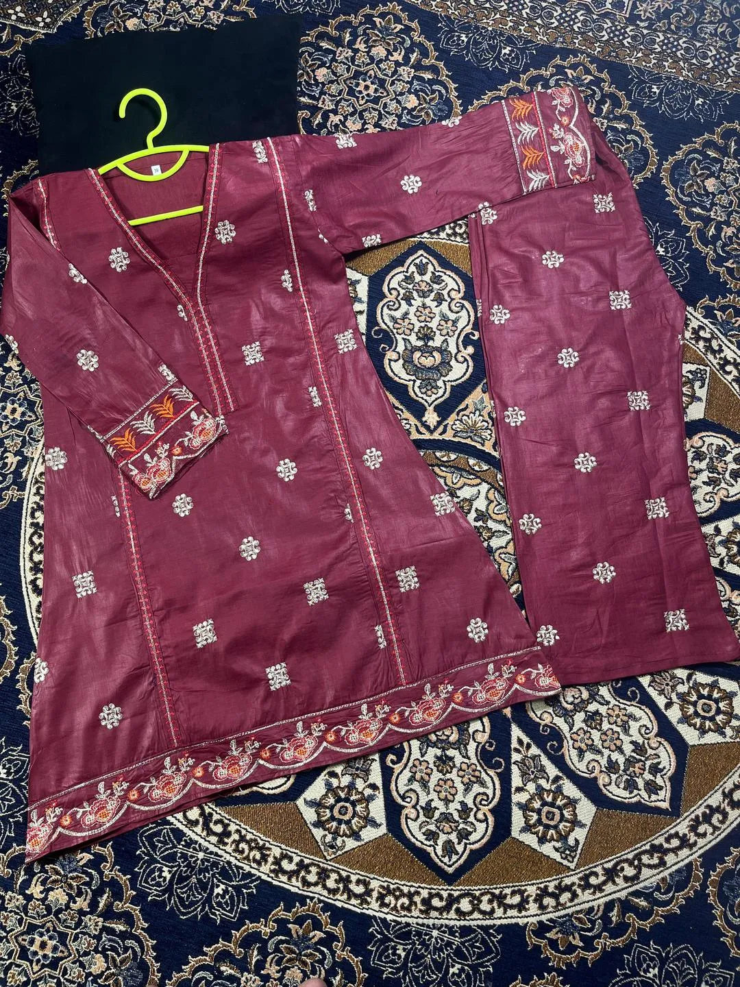 Maroon Embroidered Girl's Frock & Trouser Set for Ages 6-12
