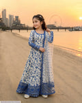 3 Pcs Girl's Lawn Printed Frock And Trouser Set