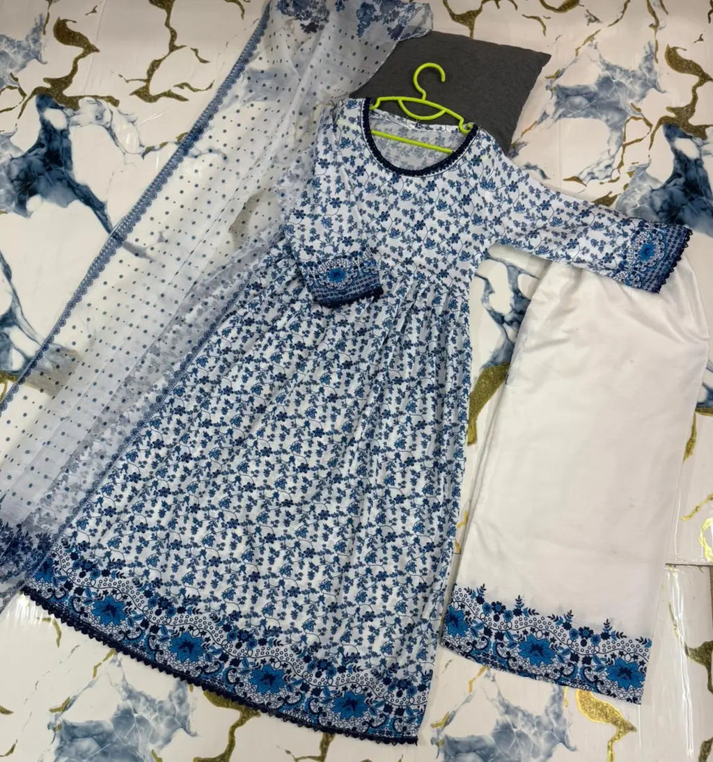 3 Pcs Girl's Lawn Printed Frock And Trouser Set
