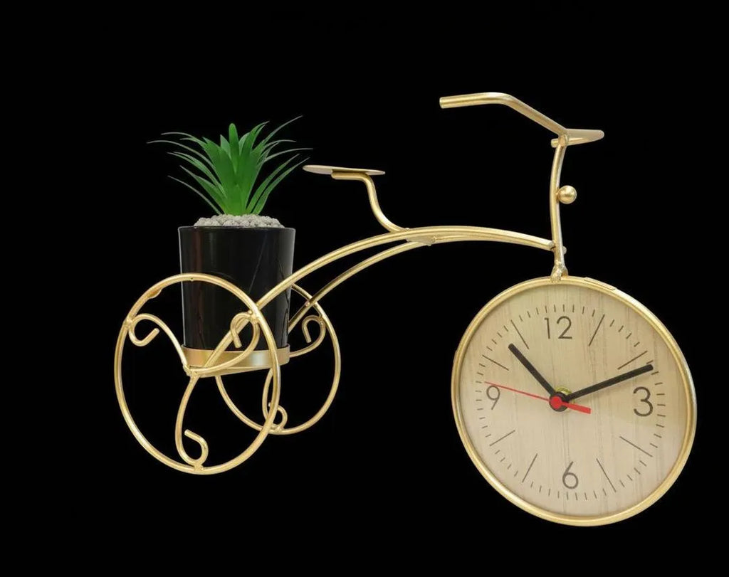 Golden Bicycle Table Clock with Planter for Home Office