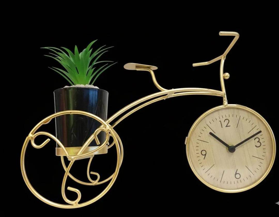 Golden Bicycle Table Clock with Planter for Home Office