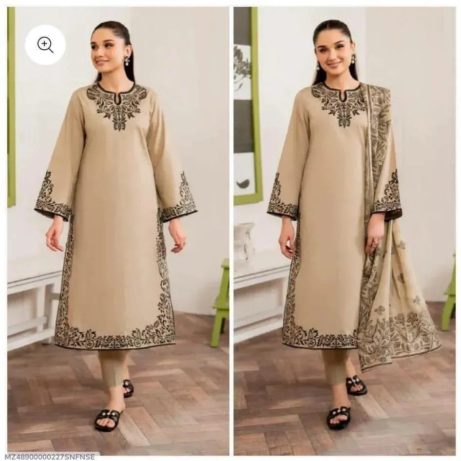 Beige Embroidered 3Pcs Women Lawn Suit Set