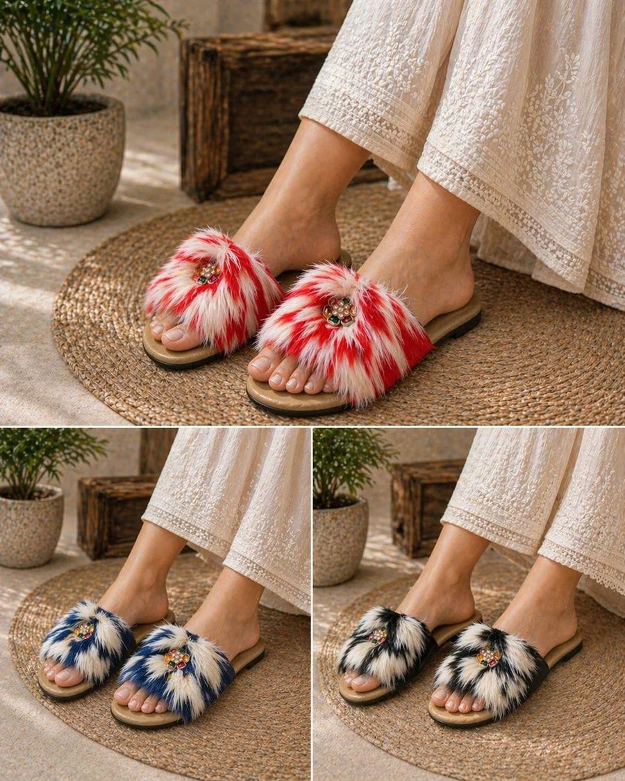 Fluffy Fur Chappal Red White Comfortable Slippers