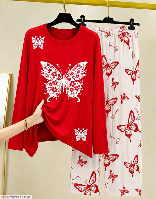 Red Butterfly Printed Night Suit for Women