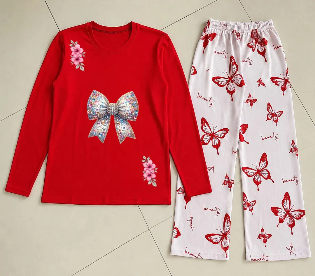 Red Butterfly Printed Night Suit for Women