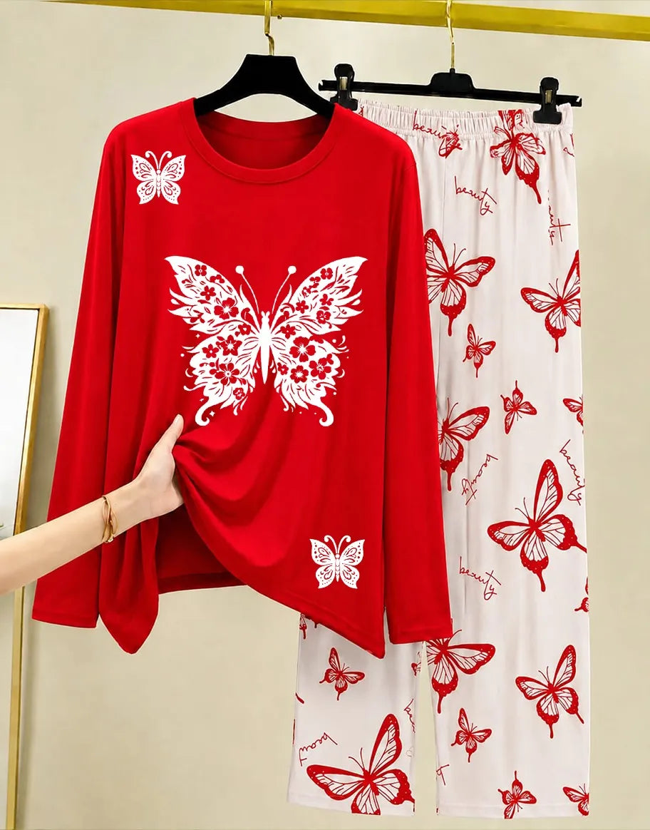 Red Butterfly Printed Night Suit for Women