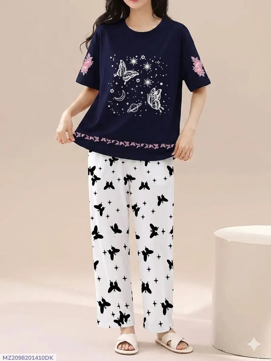 2 Pcs Women's Stitched Cotton Jersey Printed Night Suit - Blue