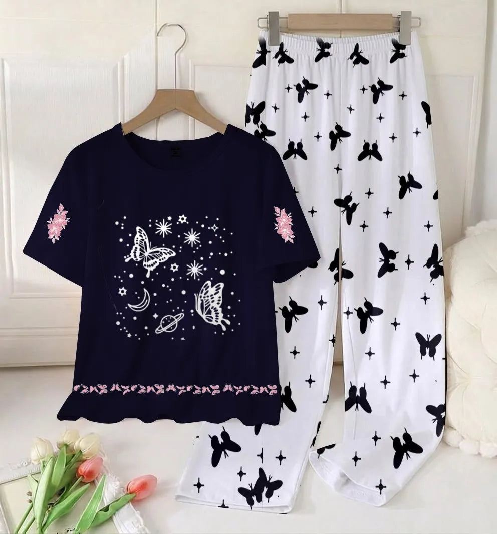 2 Pcs Women's Stitched Cotton Jersey Printed Night Suit - Blue