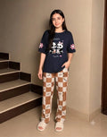 2 Pcs Women's Stitched Cotton Jersey Printed Night Suit - Blue 2