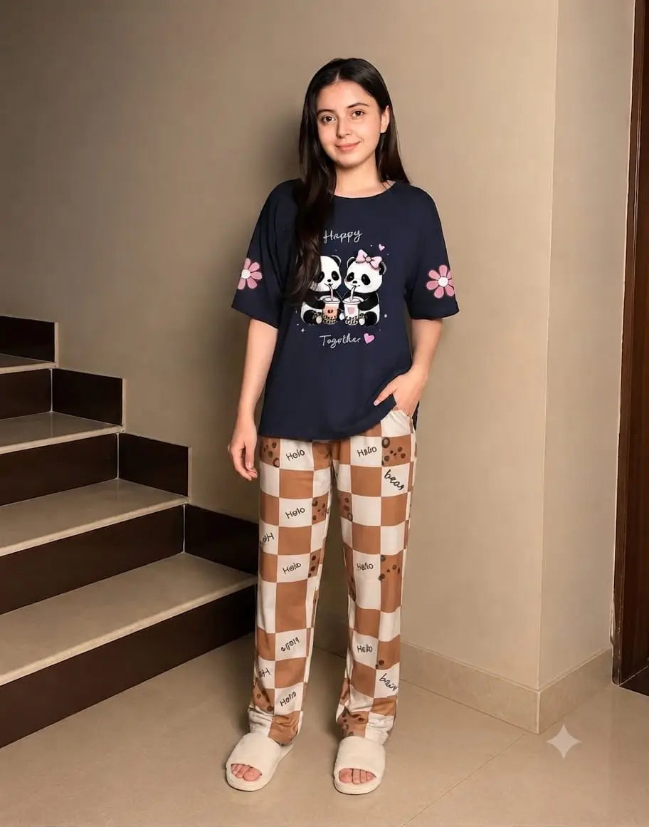 2 Pcs Women's Stitched Cotton Jersey Printed Night Suit - Blue 2
