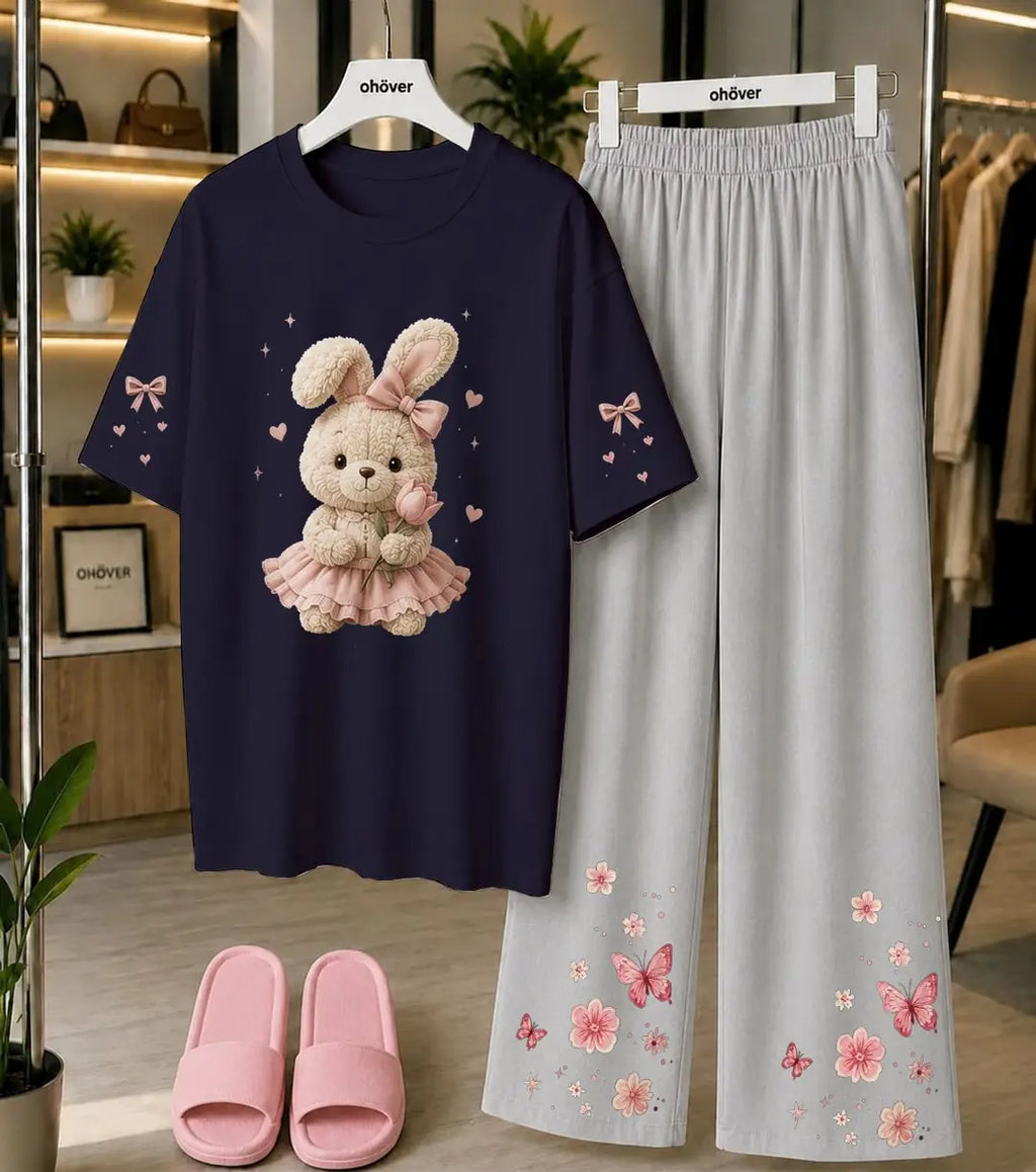 2 Pcs Women's Stitched Cotton Jersey Printed Night Suit - Blue 3
