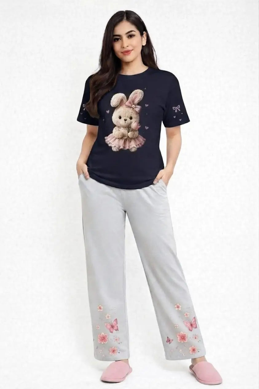 2 Pcs Women's Stitched Cotton Jersey Printed Night Suit - Blue 3
