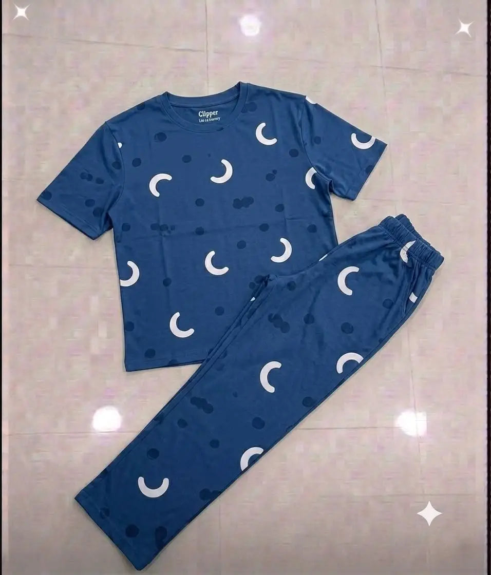 2 Pcs Women's Stitched Jersey Printed Night Suit - Blue