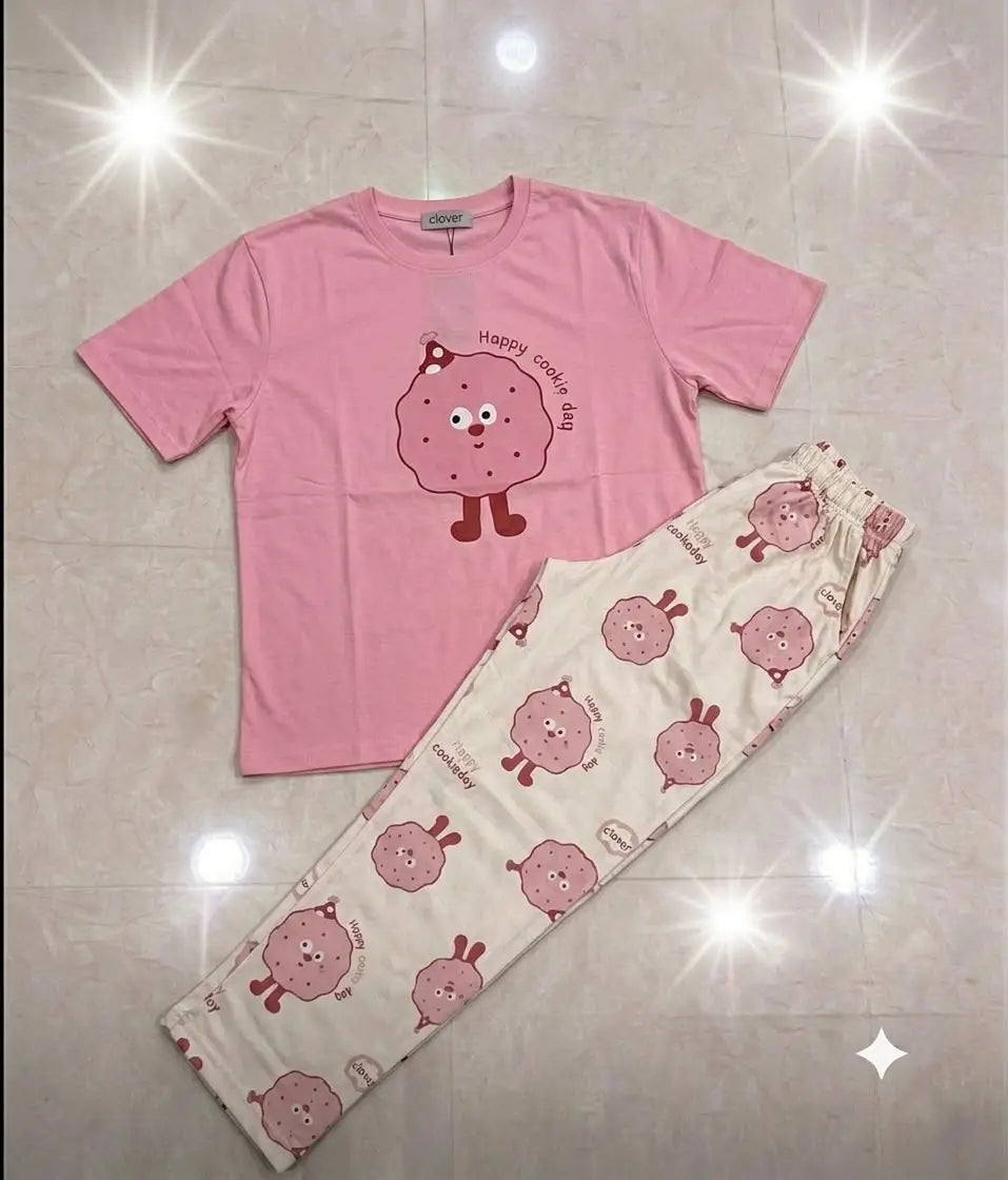 2 Pcs Women's Stitched Jersey Printed Night Suit - Pink