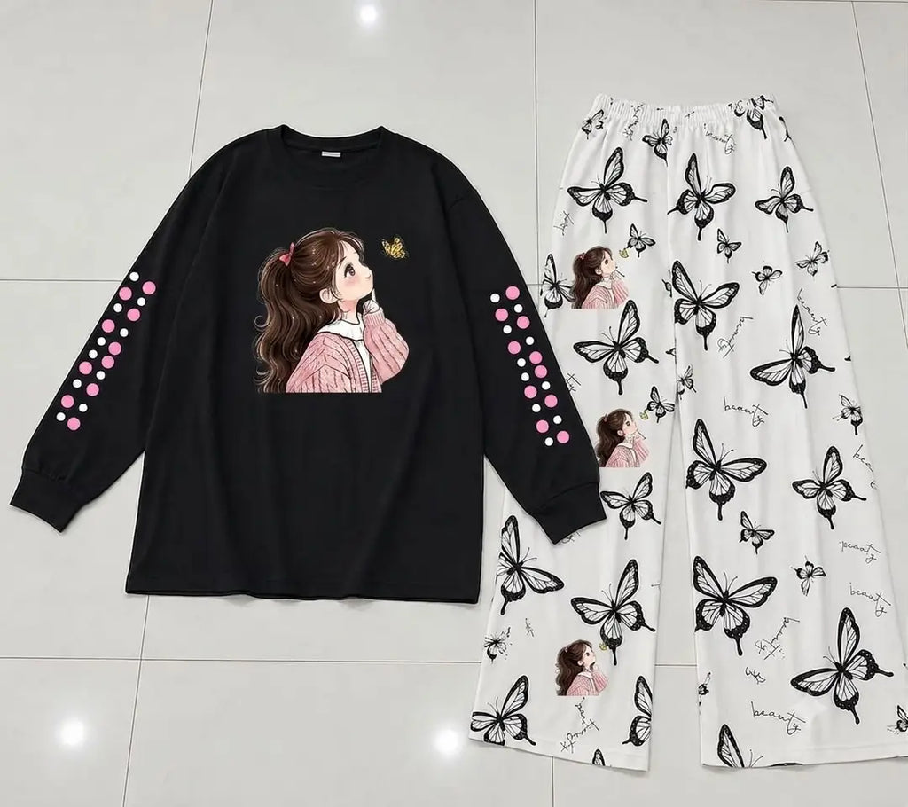 2 Pcs Women's Stitched Cotton Jersey Printed Night Suit - Black