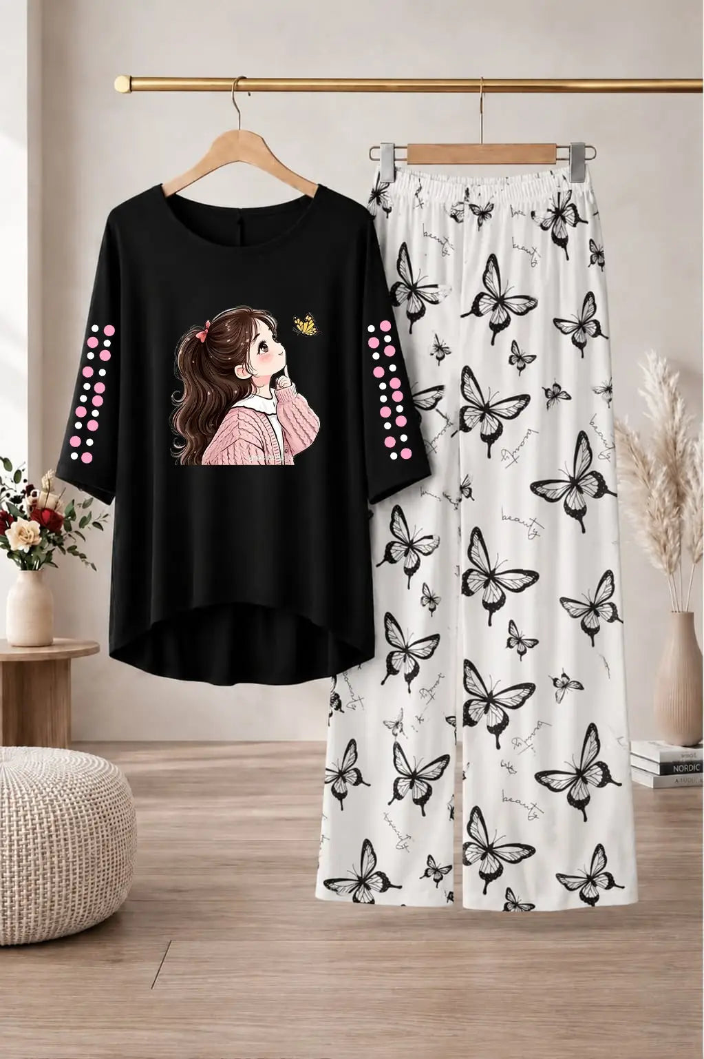 2 Pcs Women's Stitched Cotton Jersey Printed Night Suit - Black