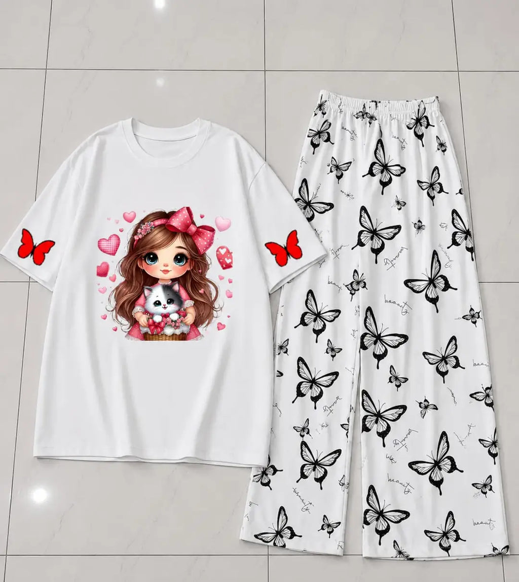2 Pcs Women's Stitched Jersey Printed Night Suit - White